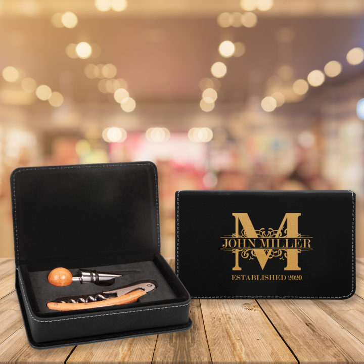 Personalized Royal Monogram Leatherette 2 Piece Wine Tool Set