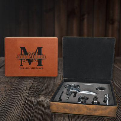 Personalized Royal Monogram Leatherette 5 Piece Wine Tool Set