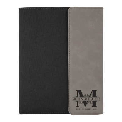 custom laser engraved canvas and leatherette faux leather portfolio with notepad