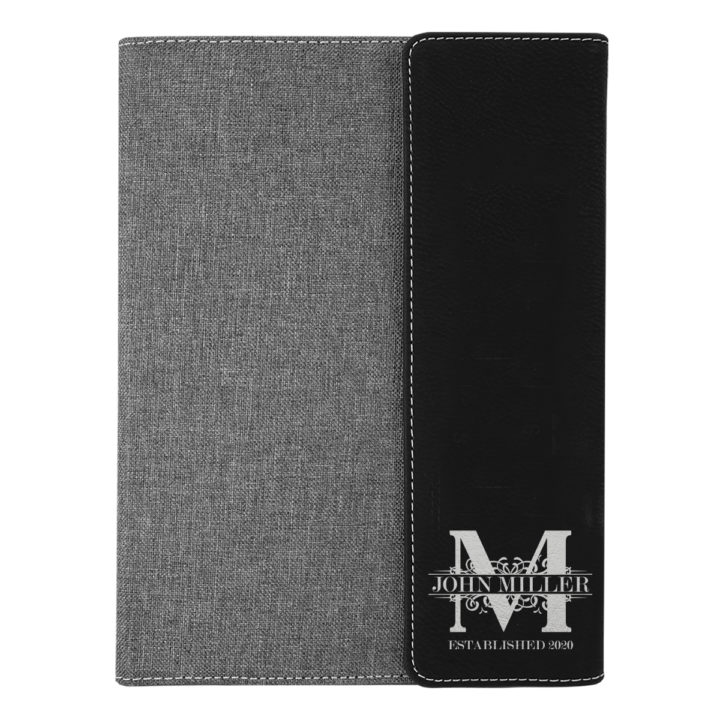 custom laser engraved canvas and leatherette faux leather portfolio with notepad