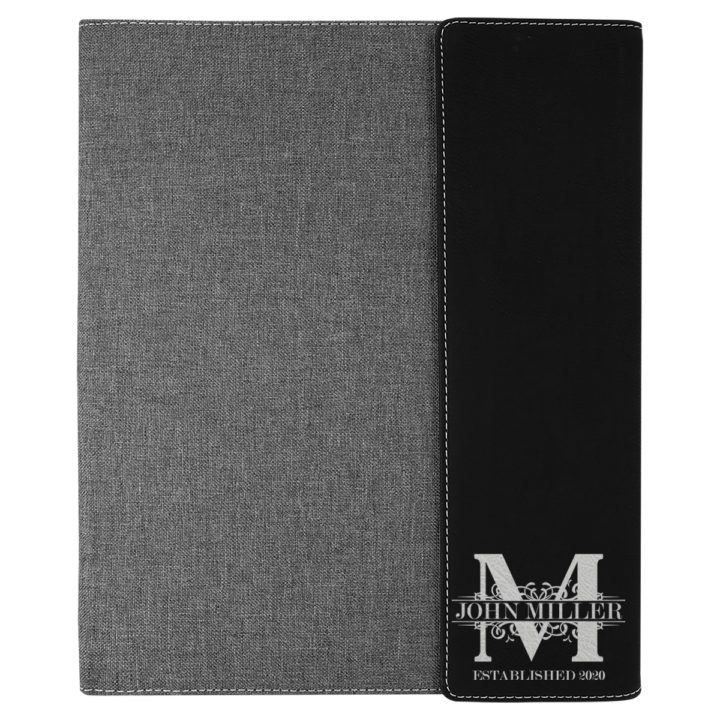custom laser engraved canvas and leatherette faux leather portfolio with notepad