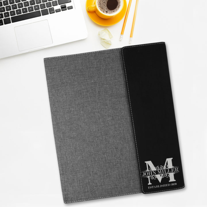 custom laser engraved canvas and leatherette faux leather portfolio with notepad