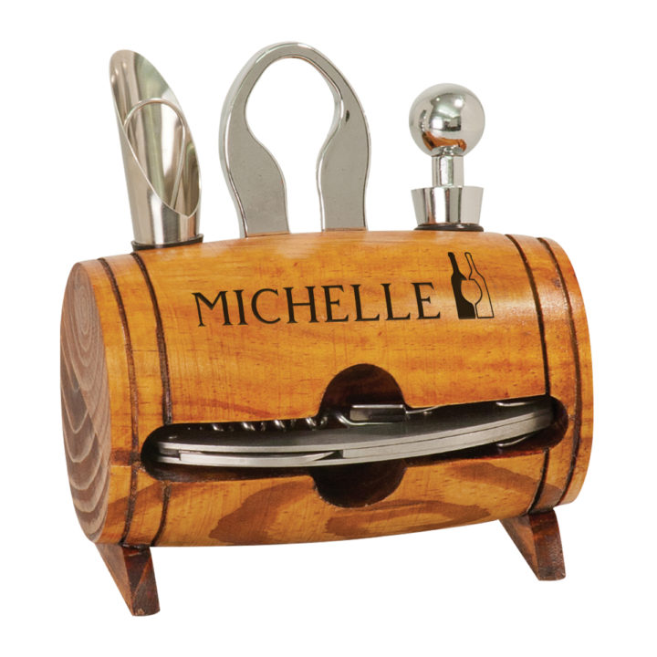 Personalized laser engraved 4 piece wine tool wood barrel