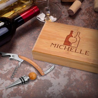 Personalized Two Bottles Bamboo 2 Piece Wine Tool Set