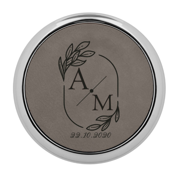 Personalized Wedding Monogram Round Leatherette Coaster w/ Silver Edge Set - Image 6