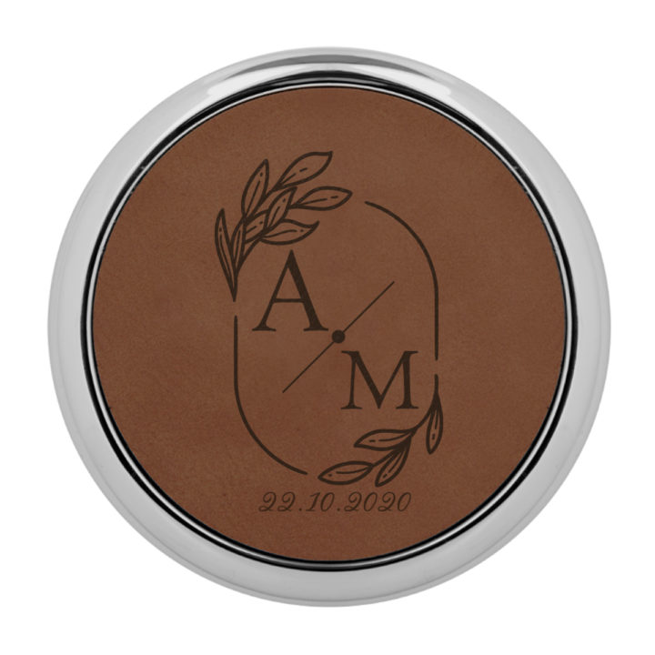 Personalized Wedding Monogram Round Leatherette Coaster w/ Silver Edge Set - Image 4
