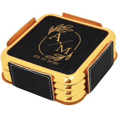 Square leatherette coaster with gold edge on top of marble table next to cold mojito drinks and mixer