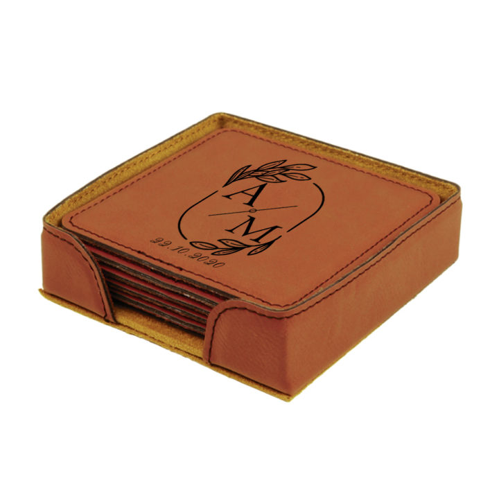 Personalized Wedding Monogram Design Square Leatherette Coaster Set - Image 10