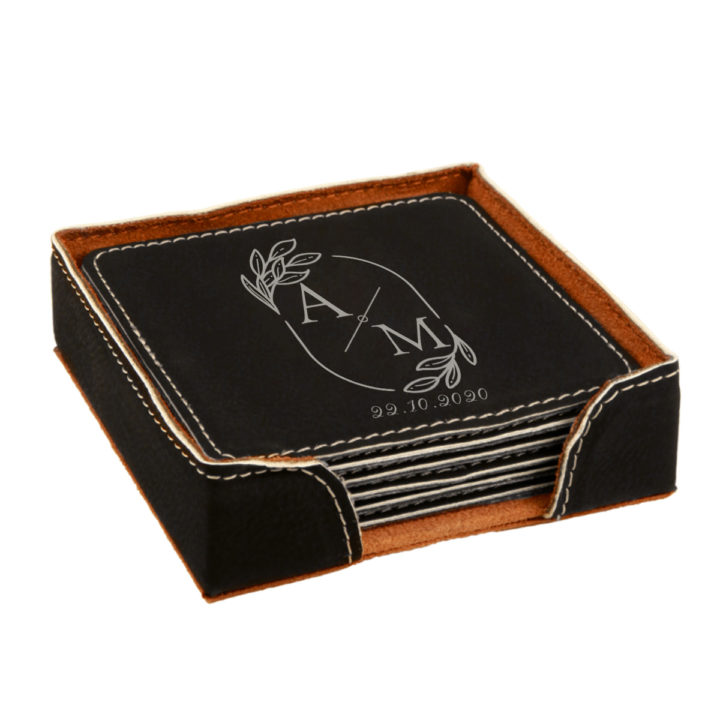 Personalized Wedding Monogram Design Square Leatherette Coaster Set - Image 11