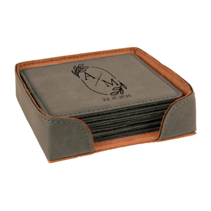 Personalized Wedding Monogram Design Square Leatherette Coaster Set - Image 6