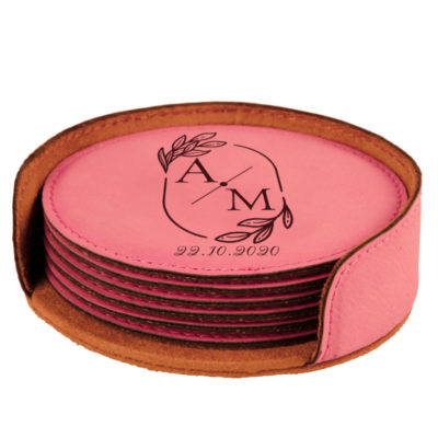 Personalized Wedding Monogram Round Leatherette Coaster Set