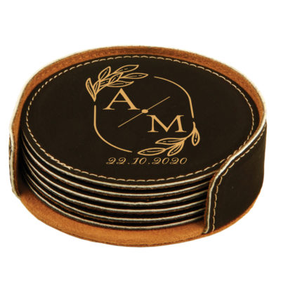 Personalized Wedding Monogram Round Leatherette Coaster Set