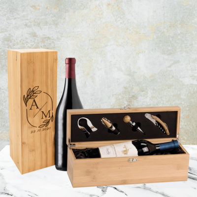 Personalized Wedding Monogram Bamboo Wine Box with Tool Kit