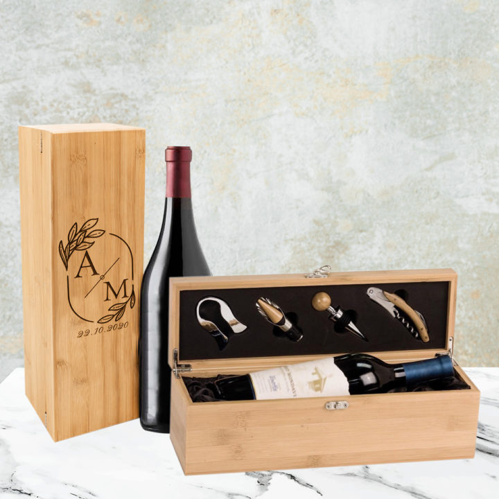 Personalized Wedding Monogram Bamboo Wine Box with Tool Kit