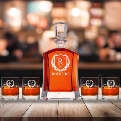 Shaped Personalized ShieldStar Glass Decanter & Rock Glass Set